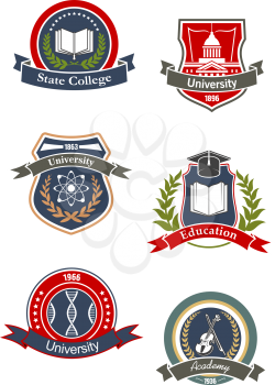 College, university, school and academy icons design with science, music, medicine and culture education symbols of DNA, books, atoms, violin, and library. Adorned by banners, wreaths and stars 