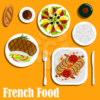 French cuisine dishes of steak and fries with grilled beef and vegetables, ratatouille stew, egg salad with tomato, olives, cheese and herbs, bottle of red wine with meringue cakes, coffee and bun