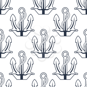 Nautical anchors with ropes seamless pattern with blue bald anchor and twisted rope. Naval background design for sea journey, marine vacation or adventure