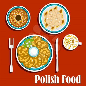 Traditional polish dishes of potato pancakes, served with sour cream, potato dumplings topped with mushroom sauce, colorful icing gingerbread  and coffee with milk