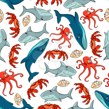 Sea animals seamless pattern with red crab and octopus, shark, seashell and whale