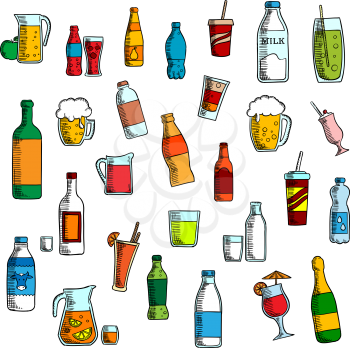 Beverages, cocktails and drinks sketch icons of  takeaway paper cups, wine and beer, vodka and water, soda and juice, milk and champagne, beer tankards and cocktail glasses, lemonade and milk jugs