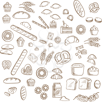 Bakery, pastry and confectionery sketched icons with various breads and loafs, croissants and pretzels, donuts and cakes, cookies and cupcakes, candies and bagels
