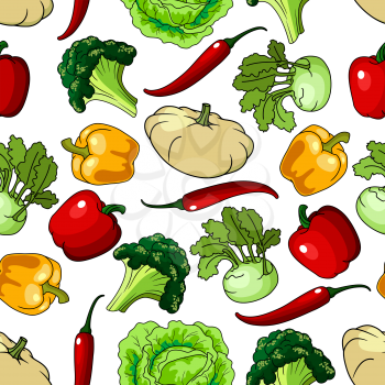 Healthy vegetables seamless pattern with broccoli and bell pepper, lettuce and chili pepper, kohl and pumpkin or squash