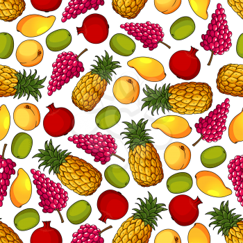 Fresh pineapple and mango, grape and kiwi, peach and pomegranate fruits seamless pattern