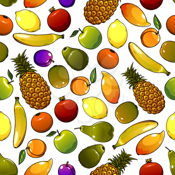 Apple and banana, orange and plum, avocado and pineapple, lemon and pear, kiwi and apricot, pomegranate fruits seamless pattern for healthy nutrition or dessert food design