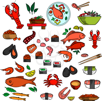 Seafood, fish and delicatessen sushi and red caviar, crab and shrimp, lobsters and oysters, mussels and octopus, chopstick and salmon steak, fishes and shrimp salad, soup, vegetables and herbs