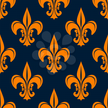 Orange fleur-de-lis floral seamless pattern for heraldic or interior design with vintage french lilies over dark blue background