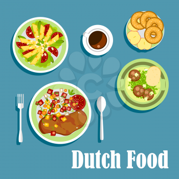 National dutch cuisine with fried liver and fresh vegetables, pea soup with smoked sausage and wheat bread, pancakes with bacon, cup of coffee and donuts with fresh apples. Flat style
