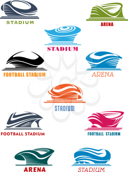 Sports architecture  symbols with stadium and arena icons. Modern sporting complexes for championship promotion, sport symbol usage