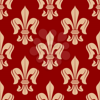 Medieval floral seamless fleur-de-lis pattern of delicate peach french royal lilies, adorned by victorian flourishes over red background. Use as vintage wallpaper, embellishment or heraldry design 