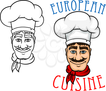 Gourmet european chef with cheerful smiling mustache french cook in white toque and red neckerchief. Use for restaurant menu, european cuisine or another food design themes