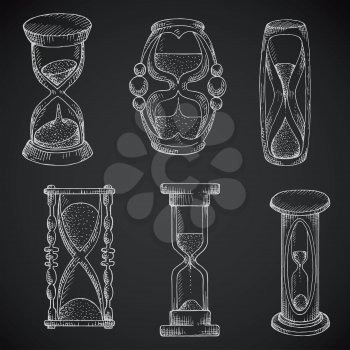 Hourglasses chalk sketches of vintage and modern sandglasses with flowing sand. May be used as time, deadline, passing of time concept design
