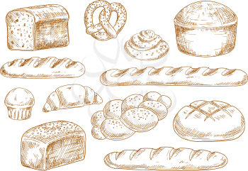 Bread sketches with long loaves, baguette, wheat and rye bread, croissant, cupcake, pretzel, cinnamon roll and braided bun. Bakery and pastry products in vintage engraving style for food design