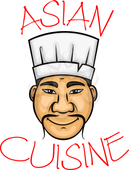 Sushi chef cartoon character with smiling chinese man with thin curled mustache wearing white cook hat. Oriental cuisine restaurant symbol, seafood menu, or food service occupation design