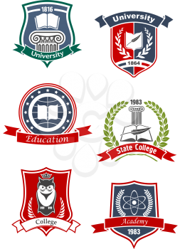 University, academy, college and education icons with books and feather, crowned owl, atom model and greek column, framed by medieval shields, laurel wreaths and ribbon banners