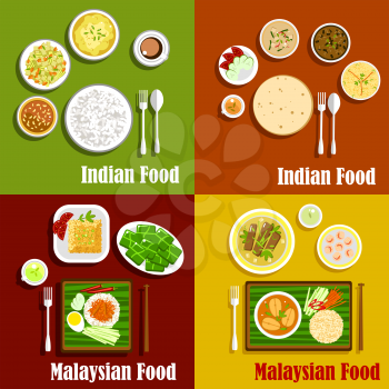 Malaysian and indian national cuisine dishes. Nasi lemak rice and curry, served with chapati bread and shrimps, fish and beef rendang, tomato chutney and vegetables, desserts and tea drinks  