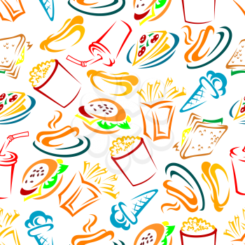 Takeaway food and drinks seamless pattern of sketched burger and cheeseburger, sandwich and hot dog, pizza slices and french fries, popcorn, soda cups and ice cream cones  