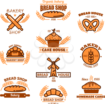 Fresh long loaves and cupcake, pie and croissant, pretzel, rolling pins and windmill icons decorated by wheat ears and stars. Bakery, homemade pastry shop, grocery, bread and sweet shop design