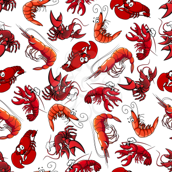 Delicious seafood characters seamless background with pattern of atlantic red shrimps, prawns and lobsters