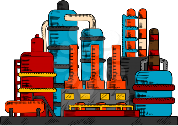 Industrial factory with manufacture building and system of pipes, chimneys or cooling towers. Oil and gas industry, chemical or power plants, environment theme design