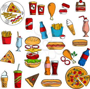 Cheeseburger and pepperoni pizza, hot dog with ketchup, mustard and mayonnaise, french fries and fried chicken legs,  pie and chocolate cake, paper cups of coffee and soda, ice cream and desserts