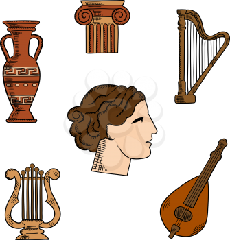 Architecture, music and art symbols of ancient Greece with profile of antique greek theater actress, surrounded by ionic columns with ornamental scrolls, amphora and lyre, harp and mandolin