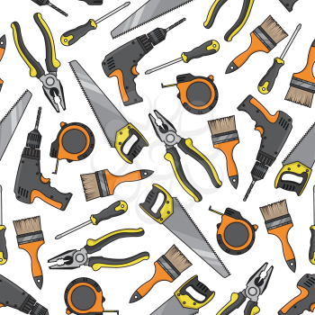 Tools and electrical equipment background with seamless pattern of screwdrivers and saws, pliers and electric cordless drills, paint brushes and tape measures. DIY, construction and carpentry theme