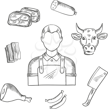 Butcher profession icons for butcher shop and farm market. Man in long waist apron, sausages and bacon, fresh tenderloin and pork leg, cow head and big cleaver knife
