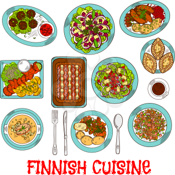 National finnish cuisine dishes with smoked salmon and vegetables, rice and fish rye pies, sausages and meatballs with berry jam, cabbage and reindeer stews, salads with apples, cheese and cloudberrie