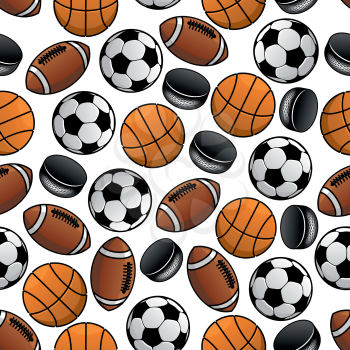 Seamless pattern of soccer, american football and basketball balls and ice hockey rubber pucks randomly scattered over white background. May be use as fabric or sports backdrop design