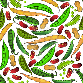 Healthy legumes vegetarian seamless pattern of sweet green peas and peanuts in shell, fresh yellow pods of common bean, brown spotted beans and pea grains. Vegetarian menu or agriculture themes design