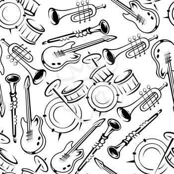 Black and white musical instruments seamless pattern with drum sets and guitars, trumpets and clarinets on white background. Art and music theme