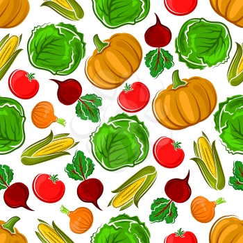 Autumnal vegetables seamless pattern with orange pumpkins and corn cobs, ripe red tomato and juicy beet, green cabbage and spicy onion on white background. Vegetarian food, farming, agriculture themes