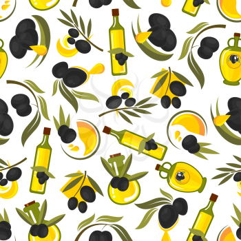Seamless healthful olive oil pattern of olive tree leafy twigs with black fruits and oil drops, glass bottles with natural extra virgin olive oil on white background. Healthy food theme design usage
