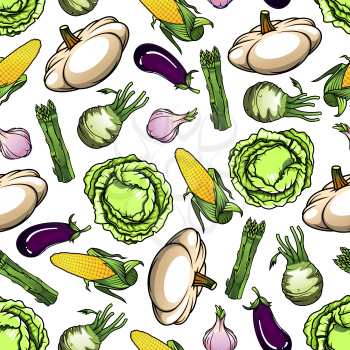 Farm green cabbages and sweet corn cobs, eggplants and spicy garlic, bunches of asparagus and pattypan squashes vegetables seamless pattern over white background. Agriculture harvest, organic farm foo