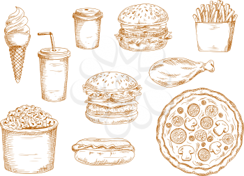 Sketch of fast food with hamburger and cheeseburger with fresh vegetables, coffee and soda paper cups, pizza and hot dog, chicken leg and ice cream cone, boxes of french fries and popcorn