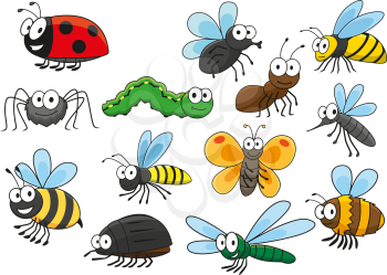 Friendly smiling cartoon bee and bug, butterfly and caterpillar, fly and ladybug, spider and mosquito, wasp and ant, bumblebee, dragonfly and hornet characters. Colorful funny insects for t-shirt prin