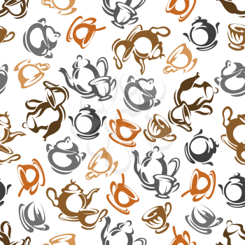 Coffee and tea cups seamless pattern with brown, gray and orange ceramic pots, sugar bowls and cups of hot beverages on white background. For cafe, coffee shop interior and menu page design 