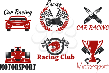 Motorsport and racing sport heraldic symbols for racing club or race competition design with racing cars and motorcycle, protective helmet and wheel, trophy cup and checkered flags, crossed pistons an