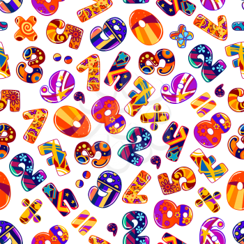 Decorative colorful numbers seamless pattern adorned by bright ornament of flowers and stars, circles and strips over white background. May be use in preschool education, background or scrapbook page 
