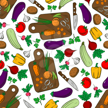 Vegetarian spring salad seamless pattern of wooden cutting boards with knives and fresh carrots, onions and tomatoes, potatoes and bell peppers, eggplants and garlic, zucchini and peas, radishes, beet