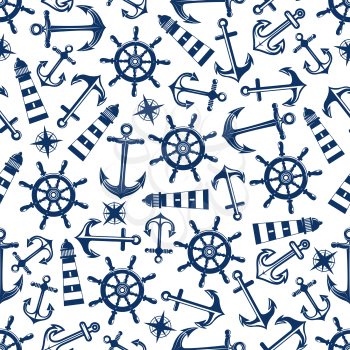 Retro nautical seamless pattern with blue ship anchors and helms, lighthouses and vintage compass roses on white background. May be use for marine theme or scrapbook page design