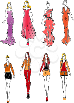 Fashion girls  and women in evening and casual outfits. Women silhouettes in elegant red and pink long dresses, skirts and shirts, shorts and trousers. Fashion industry theme