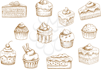 Sketches of scrumptious cupcakes and muffins in thin paper cups, berry pie and chocolate tiered cake, decorated by butter cream, whipped cream, fresh strawberries and cherries, chocolate drops and waf