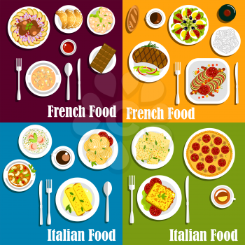 French and italian cuisine popular dishes with flat icons of pizza, pasta, ratatouille stew, sausage, cream soup, risotto with shrimps, croissants, beef steak, hot sandwich, ravioli, meringue cakes an