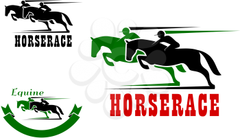 Horse race icons in green and black colors for equestrian sport design. Two racing horses with jockeys, supplemented by motion trails and ribbon banner 
