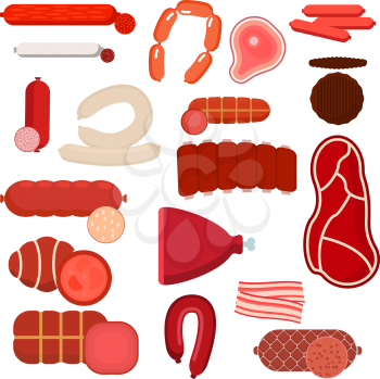 Farm-raised meat products with fresh beef and pork steaks, burger patty and smoked ribs, sliced bacon, dry cured ham and assorted of salami or pepperoni, bologna or smoked sausages. Colorful flat icon