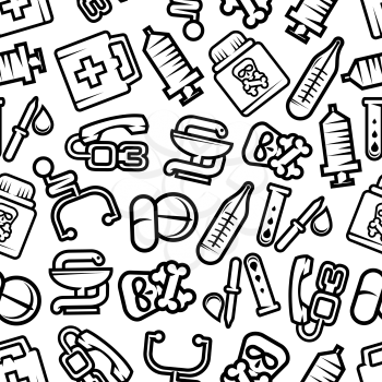 Medicine seamless pattern with outline silhouettes of pills and capsules, stethoscopes and blood test tubes, syringes and thermometers, first aid kits and pipettes, poison bottles with skull and cross