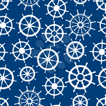 Nautical ship helms seamless pattern with white silhouettes of boat steering wheels with decorative spokes and handles over blue background. Marine theme, interior or textile design themes